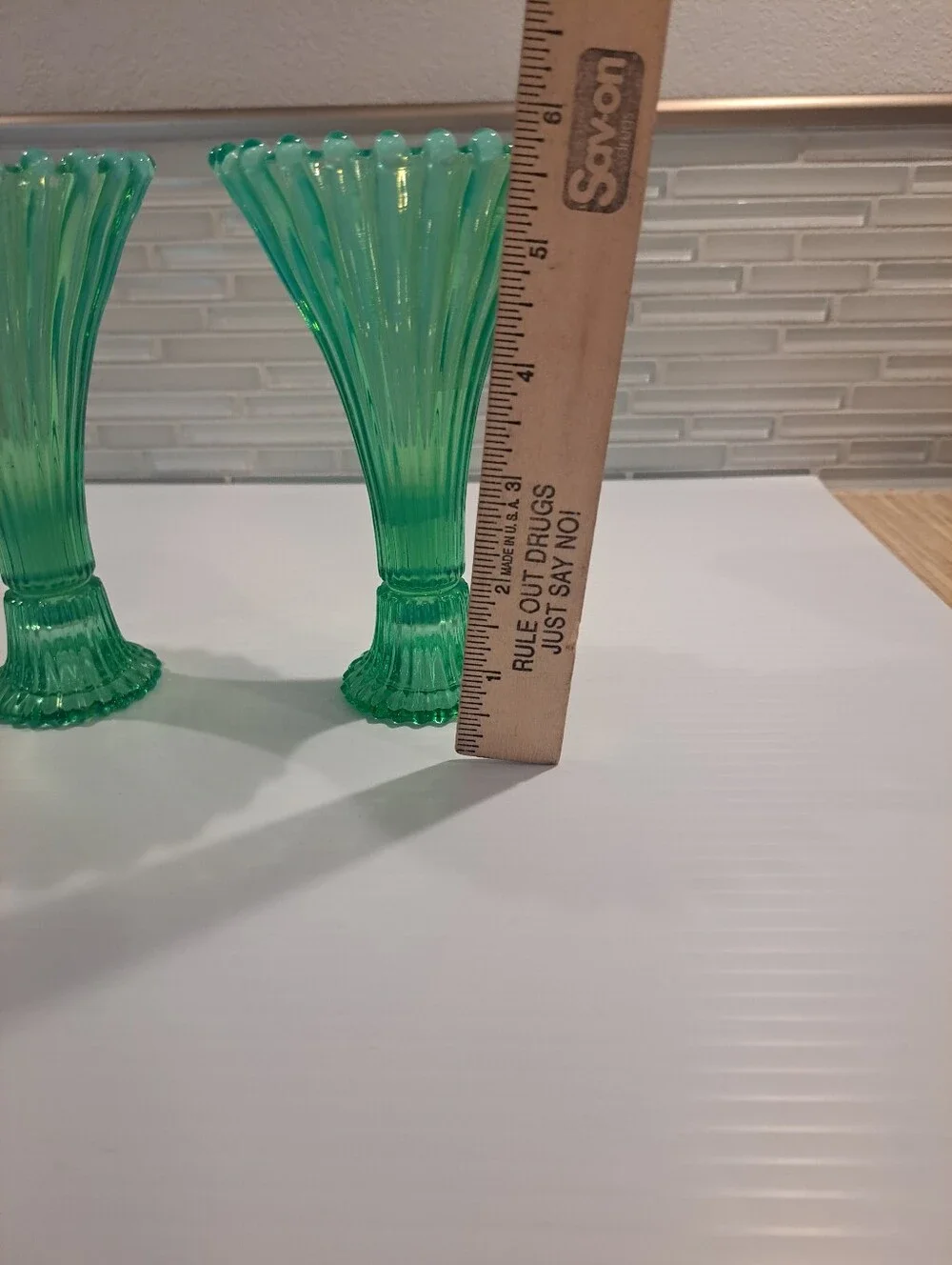 2 Vtg Fostoria Heirloom Light Greenish Opalescent Ribbed Candle Holder Vase Set